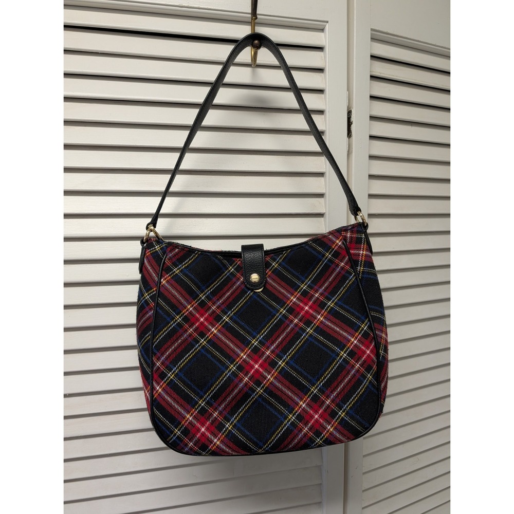 TALBOTS Black Leather Red Wool Tartan Plaid Crossbody Purse Shoulder Bag
